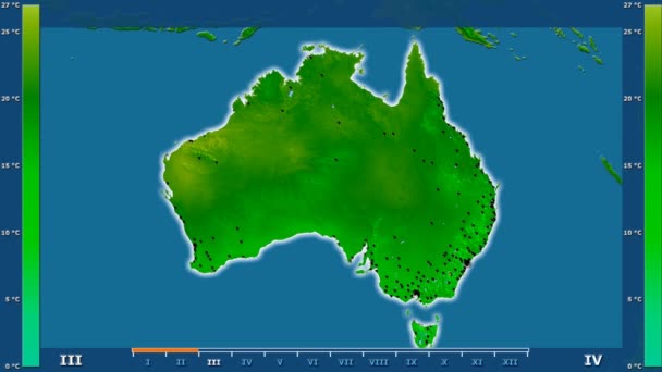 Minimální Teplota Podle Měsíce Oblasti Austrálie Animovanou Legendou Zářící Tvar — Stock video