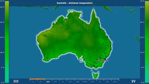 Minimum Temperatuur Maand Het Gebied Van Australië Met Geanimeerde Legend — Stockvideo