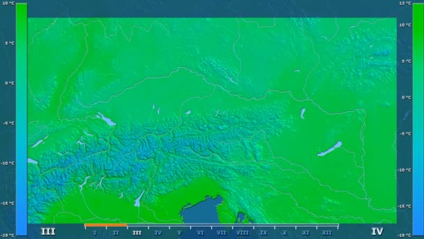 平均温度按月在奥地利区域以动画传奇 原始的颜色着色器 球极投影 — 图库视频影像