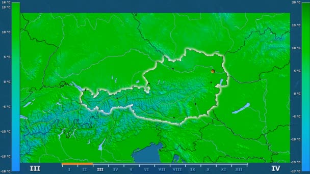 アニメーションの伝説 管理上のボーダー 主要都市 首都を輝くオーストリア地域の月別最高気温は 平射図法 — ストック動画