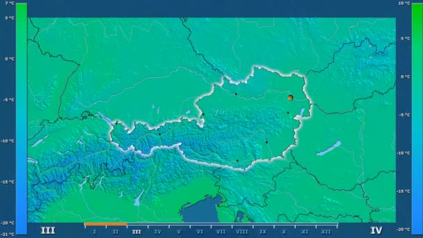 アニメーションの伝説 管理上のボーダー 主要都市 首都を輝くオーストリア地域の月最低気温は 平射図法 — ストック動画
