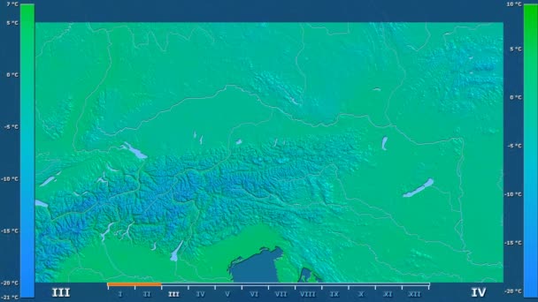 最低气温按月在奥地利区域以动画传奇 原始的颜色着色器 球极投影 — 图库视频影像