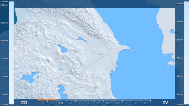 アニメーションの伝説 Raw カラー シェーダーを持つアゼルバイジャン地方の月別降水量 平射図法 — ストック動画