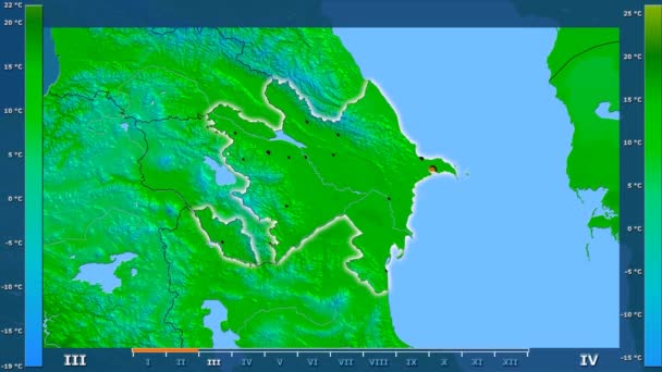 阿塞拜疆地区的最高气温为月份 动画传说 发光的形状 行政边界 主要城市 球极投影 — 图库视频影像