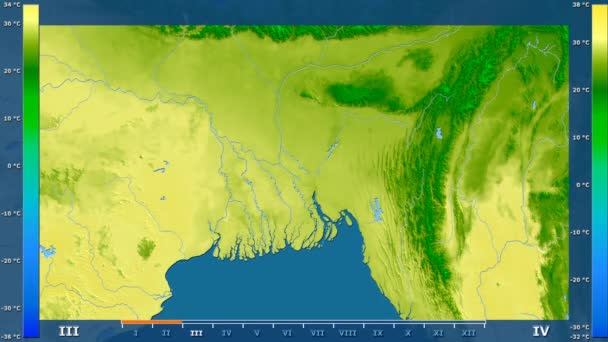 孟加拉地区的最高气温与动画图例 原始颜色着色器 球极投影 — 图库视频影像