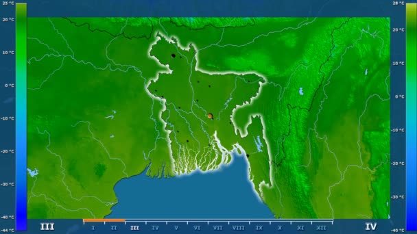 アニメーションの伝説 管理上のボーダー 主要都市 首都を光るとバングラデシュ地区月最低気温は 平射図法 — ストック動画
