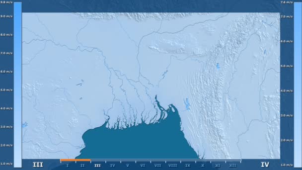 风速按月在孟加拉地区与动画图例 原始颜色着色器 球极投影 — 图库视频影像