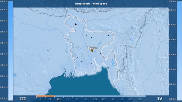 Prędkość Wiatru Przez Miesiąc Obszarze Bangladeszu Animowanych Legenda Angielski Etykiety — Wideo stockowe
