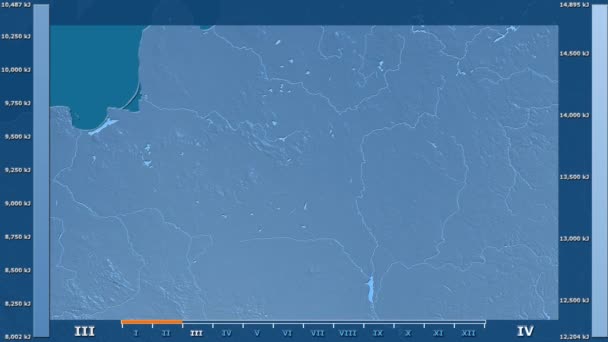 太阳辐射的月份在白俄罗斯地区与动画图例 原始颜色着色器 球极投影 — 图库视频影像