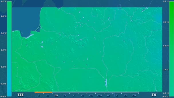 アニメーションの伝説 Raw カラー シェーダー ベラルーシ地域の月別平均気温は 平射図法 — ストック動画