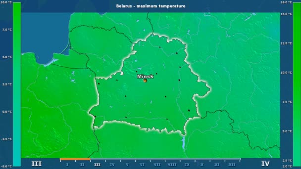 アニメーションの伝説 英語のラベルとベラルーシ地区月別最高気温 国と首都名は マップの説明 平射図法 — ストック動画