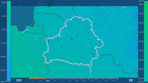 アニメーションの伝説 管理上のボーダー 主要都市 首都を輝くベラルーシ地域の月最低気温は 平射図法 — ストック動画