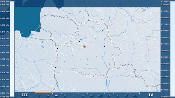 Monatlicher Wasserdampfdruck Weißrussland Mit Animierter Legende Glühende Form Verwaltungsgrenzen Hauptstädte — Stockvideo