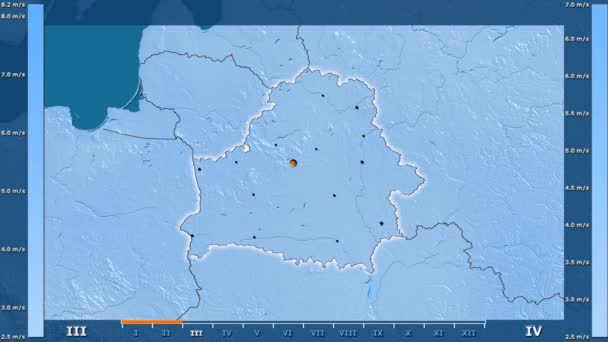 风速按月在白俄罗斯地区与动画传奇 发光的形状 行政边界 主要城市 球极投影 — 图库视频影像