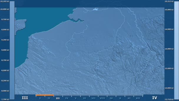 Солнечная Радиация Месяцам Бельгии Анимированной Легендой Сырым Цветовым Шейдером Стереографическая — стоковое видео