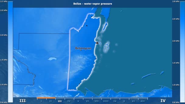 水汽压力按月在伯利兹地区以动画传奇 英国标签 国家和资本名字 地图描述 球极投影 — 图库视频影像