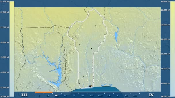 Monatliche Sonneneinstrahlung Benin Gebiet Mit Animierter Legende Leuchtende Form Verwaltungsgrenzen — Stockvideo