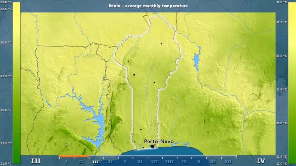 Average Temperature Month Benin Area Animated Legend English Labels Country — Stock Video