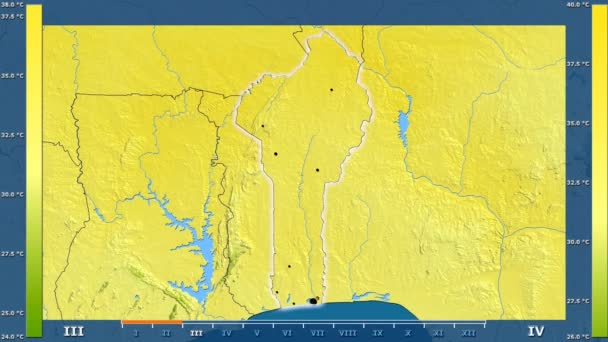 在贝宁地区的最高气温按月份显示动画图例 发光的形状 行政边界 主要城市 球极投影 — 图库视频影像