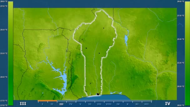 Minimum Temperature Month Benin Area Animated Legend Glowing Shape Administrative — Stock Video