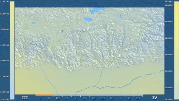 Sonneneinstrahlung Monat Der Bhutan Region Mit Animierten Legende Rohe Farbschattierung — Stockvideo