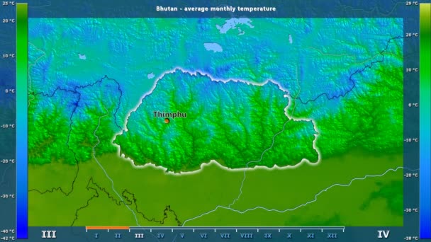 Durchschnittstemperatur Pro Monat Bhutan Gebiet Mit Animierter Legende Englische Beschriftung — Stockvideo