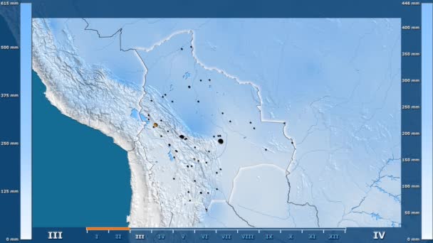 Осадки Месяцам Районе Боливии Оживленной Легендой Светящиеся Формы Административные Границы — стоковое видео