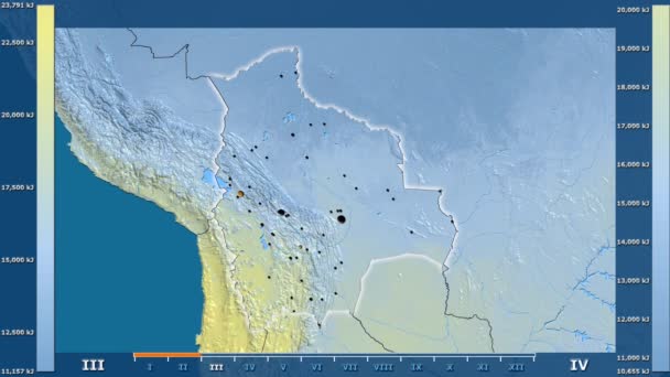 太阳辐射按月在玻利维亚地区以动画传奇发光的形状 行政边界 主要城市 球极投影 — 图库视频影像