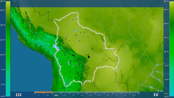 Średnia Temperatura Przez Miesiąc Obszarze Boliwia Legendą Animowane Świecące Kształt — Wideo stockowe