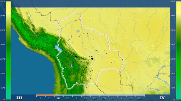 在玻利维亚地区的最高气温按月份显示动画传奇 发光的形状 行政边界 主要城市 球极投影 — 图库视频影像