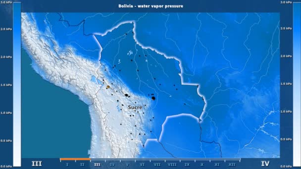 水汽压力由月在玻利维亚区域以生动的传奇 英国标签 国家和资本名字 地图描述 球极投影 — 图库视频影像