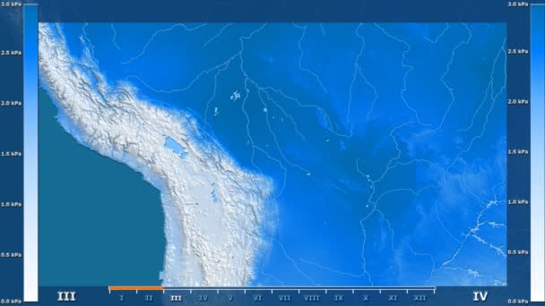 アニメーションの伝説 Raw カラー シェーダーをボリビア地区月別水蒸気圧 平射図法 — ストック動画