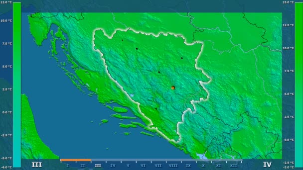 波斯尼亚 黑塞哥维那地区平均气温按月计算 动画图例为发光状 行政边界 主要城市 球极投影 — 图库视频影像