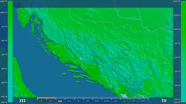 Średnia Temperatura Przez Miesiąc Terenie Bośni Hercegowiny Animowanych Legenda Raw — Wideo stockowe