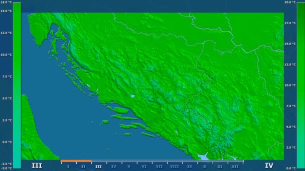 在波斯尼亚 黑塞哥维那地区 以月为最高气温 动画图例 原始颜色着色器 球极投影 — 图库视频影像