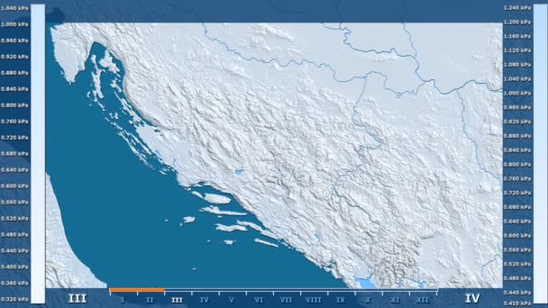 在波斯尼亚 黑塞哥维那地区的水汽压力按月显示动画图例 原始颜色着色器 球极投影 — 图库视频影像