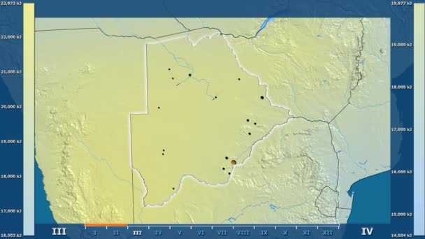 Zonnestraling Maand Het Gebied Van Botswana Met Geanimeerde Legend Gloeiende — Stockvideo