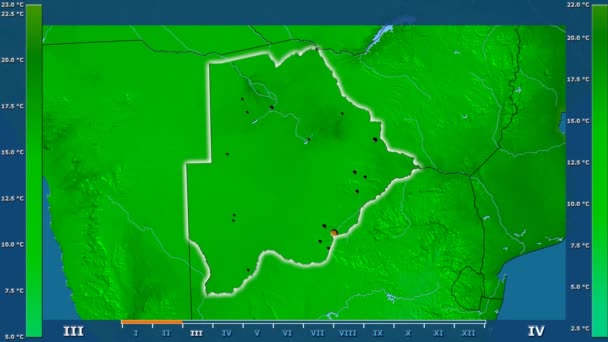 Lägsta Temperatur Månad Området Botswana Med Animerade Legend Glödande Form — Stockvideo