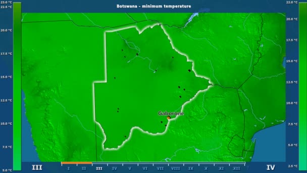 アニメーションの伝説 英語のラベルとボツワナ エリアで月最低気温 国と首都名は マップの説明 平射図法 — ストック動画