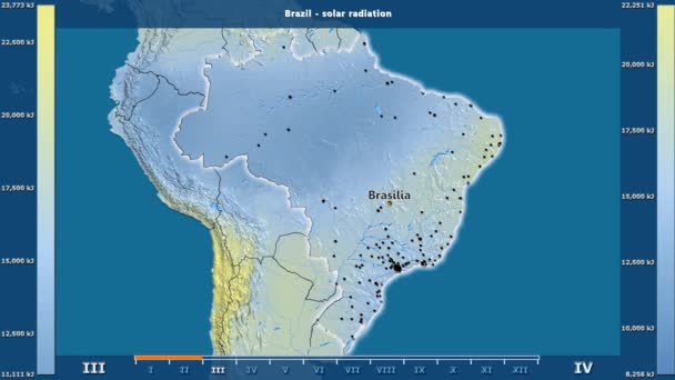 アニメーションの伝説 英語のラベルを持つブラジル地域の月別日射 国と首都名は マップの説明 平射図法 — ストック動画
