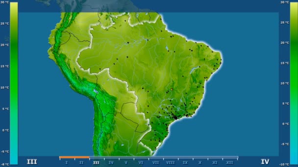 平均气温按月在巴西地区以动画传奇发光的形状 行政边界 主要城市 球极投影 — 图库视频影像