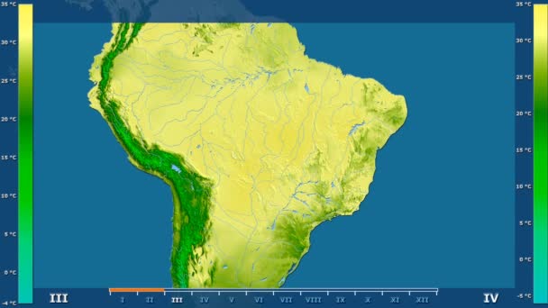 在巴西地区的最高气温与动画图例 原始颜色着色器 球极投影 — 图库视频影像