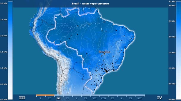 アニメーションの伝説 英語のラベルを持つブラジル地域月別水蒸気圧 国と首都名は マップの説明 平射図法 — ストック動画