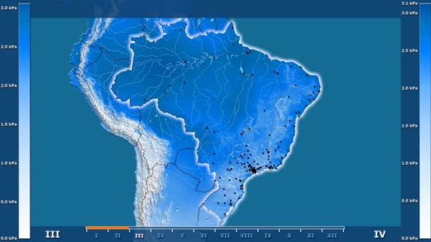 アニメーションの伝説 輝く形状 管理上のボーダー 主要都市 首都のブラジルの地域の月別水蒸気圧 平射図法 — ストック動画