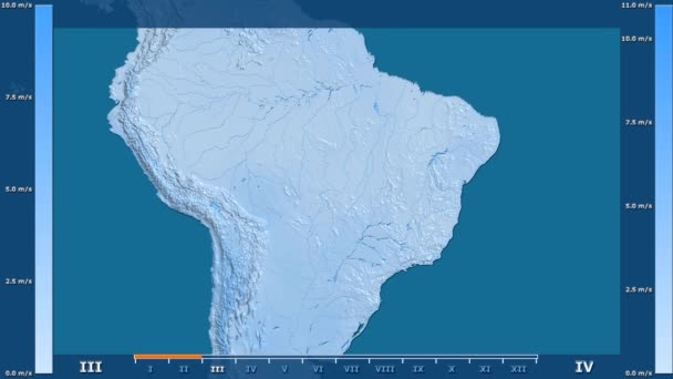 アニメーションの伝説 Raw カラー シェーダーを持つブラジル地区の月別風速 平射図法 — ストック動画