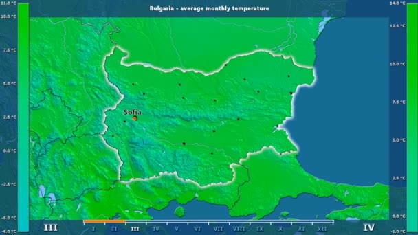 Gemiddelde Temperatuur Maand Het Gebied Van Bulgarije Met Geanimeerde Legend — Stockvideo