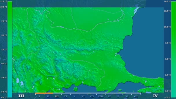 Průměrná Teplota Podle Měsíce Oblasti Bulharsko Animovanou Legendou Syrové Barevného — Stock video