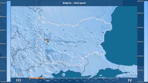 アニメーションの伝説 英語のラベルを持つブルガリア地区月別風速 国と首都名は マップの説明 平射図法 — ストック動画