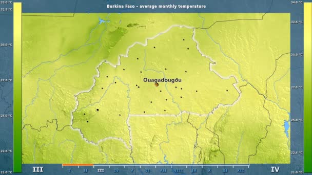 Durchschnittstemperatur Pro Monat Burkinafaso Gebiet Mit Animierter Legende Englische Beschriftung — Stockvideo