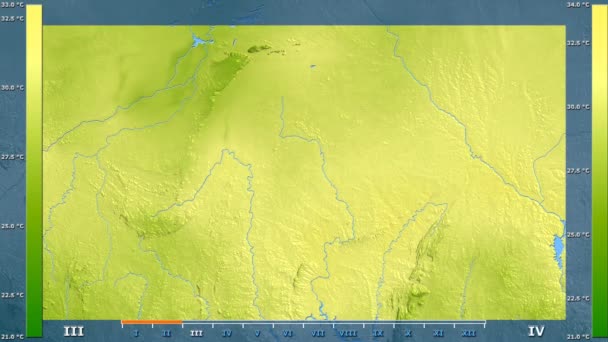 アニメーションの伝説 Raw カラー シェーダーとブルキナファソ地域の月別平均気温は 平射図法 — ストック動画